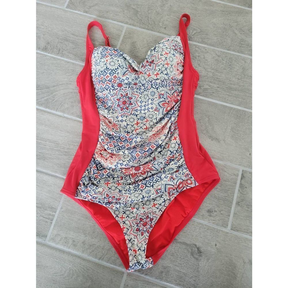 Romenza Targo Red One Piece‎ Swimsuit Floral Pattern Ruche Tummy Control Large